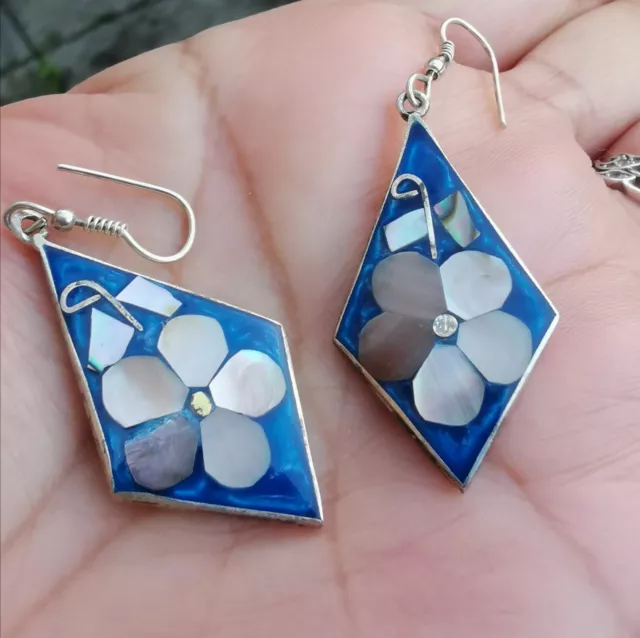 Rhombus Silver Paua Abalone Shell Earrings  Blue Flower Design Mexican Ethnic