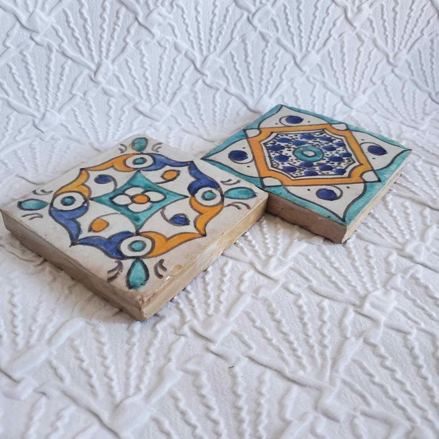 Pair of Moorish Ceramic Tiles, Vintage Moroccan Spanish Salvage Tile Coaster 4