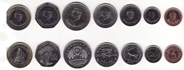 Mauritius - 5 + 20 Cents + Half +1 + 5 + 10 + 20 Rupees 1999-2012 UNC - KMS Satz