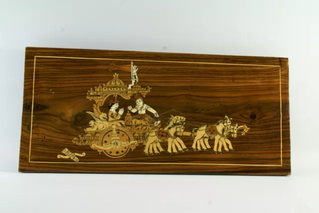 ANCIEN TABLEAU EN MARQUETERIE, bois et os, Inde,  chevaux