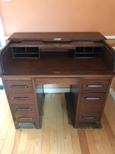 Antique Oak Roll Top Desk with draws and shelves, good condition
