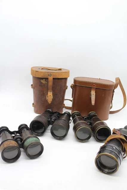F x4 Antique Military Binoculars - Some Cased Inc. Telescope etc