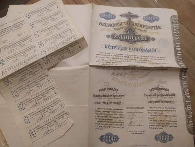 Hungary 1910 Budapest Zaloglevel Pfandbrief 2000 Koronarol Crown Coupons Bond