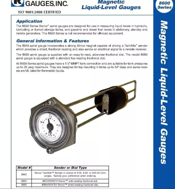 Rochester 8680 Series Flat Dial Vertical Spiral Fuel Level Gauge x 5.5" 2