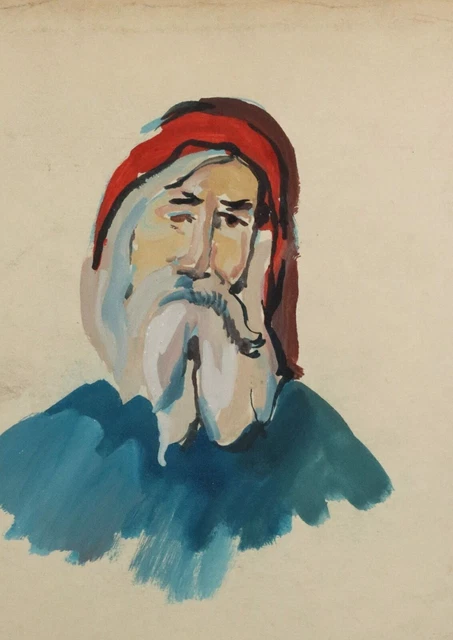 Vintage expressionist gouache painting old man portrait