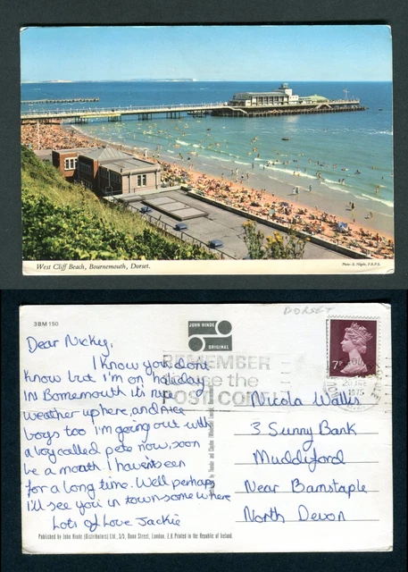 West Cliff Beach, Bournemouth, Dorset used postcard. Posted 1975