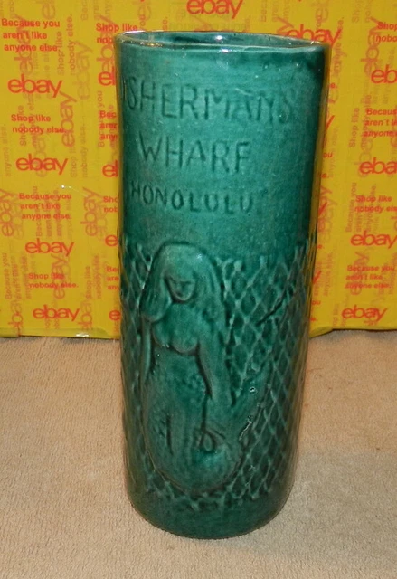 Green Aqua MERMAID TIKI MUG FISHERMAN'S WHARF HONOLULU, Hawaii VINTAGE Rim Nics