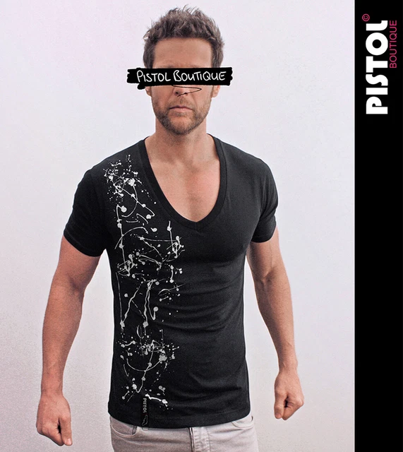 T-shirt Homme Pistol Boutique - Blanc - Col V Profond - Motif Graffiti Croix - Taille Ajustée - Neuf