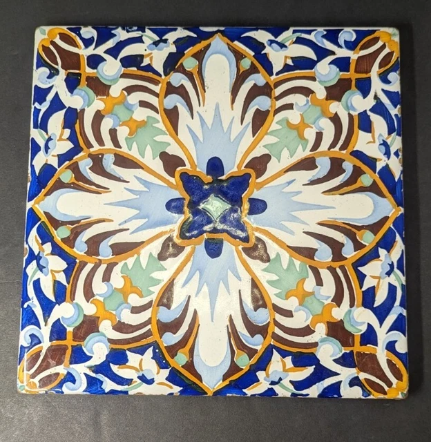 VTG 8” x 8” Trivet Ceramic Tile Made in Spain España Colorful Blues Gold Brown