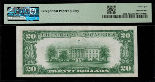 1928B $20 Federal Reserve Note Boston FR.2052-A - Light Green Seal - PMG 58 EPQ 2