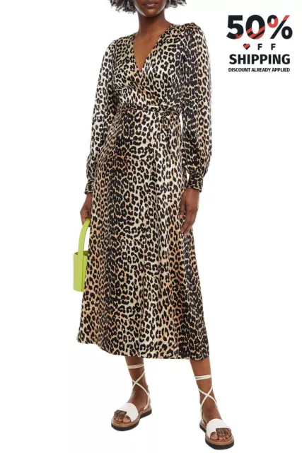 RRP €467 GANNI Satin Midi Wrap Dress EU40 US10 UK14 XL Silk Blend Cheetah