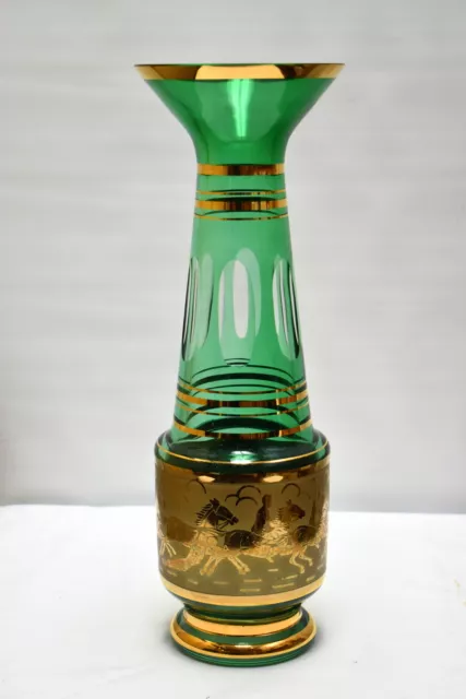 Bohemian Czech Green Glass Vase with Warrior and Accent Gold Frieze