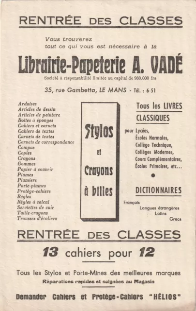 A33 Ancien Buvard - Librairie papeterie A VADE rue Gambetta LE MANS rentrée des