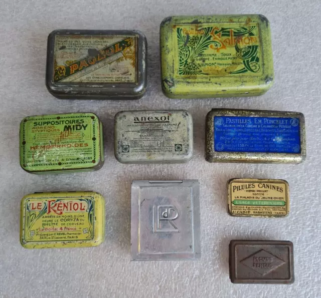 10 x Tiny 1930's Collectable French Tins - Medicines, Medical