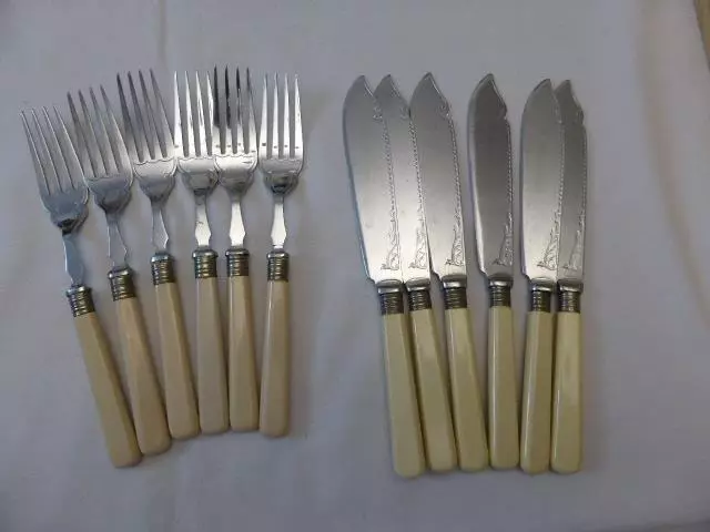 Vintage Fish Forks And Knives - Composite Handle - Chrome/Nickel Silver Plate