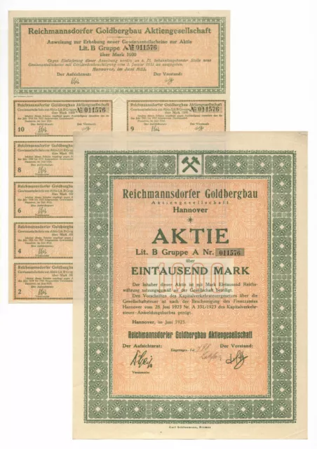 Hannover - Reichmannsdorfer Goldbergbau  - Aktie über 1000 Mark, Juni 1923