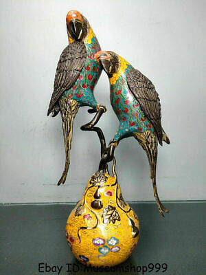 14" Old Chinese Cloisonne Enamel Bronze poll parrot Birds Incense Burner Censer