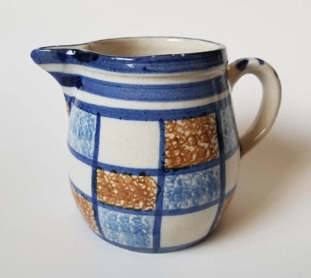 Studio Pottery Ceramic Pitcher Jug Hand Thrown Blue Brown Painted Squares