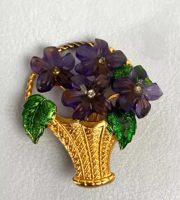 Vtg Bohemian Style Swoboda Basket Brooch Amethyst & Enamel Flowers Gold Filled