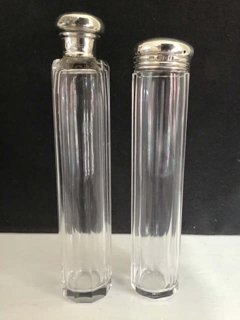 Two Sterling Silver Topped - Dressing Table Long Jars Two Sterling Silver Topped - Dressing Table Long Jars