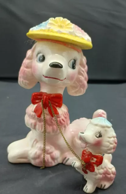 Vintage Ceramic Pink Poodle Puppy Chain Retro Figurine Wales Japan MCM