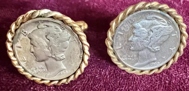 Vintage 90% Silver 1942 Mercury Dime Collectible Coins Gold Tone Bezel Cufflinks