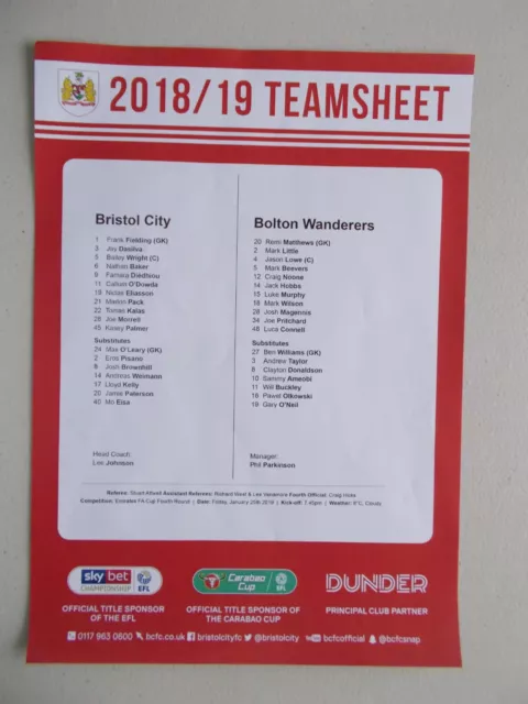 25/01/2019 Bristol City V Bolton Wanderers Official Coloured Teamsheet