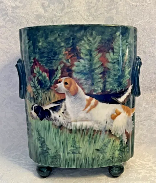 Antique W Guerin Limoges Hand Painted Porcelain Hunting Dogs Cache Pot France