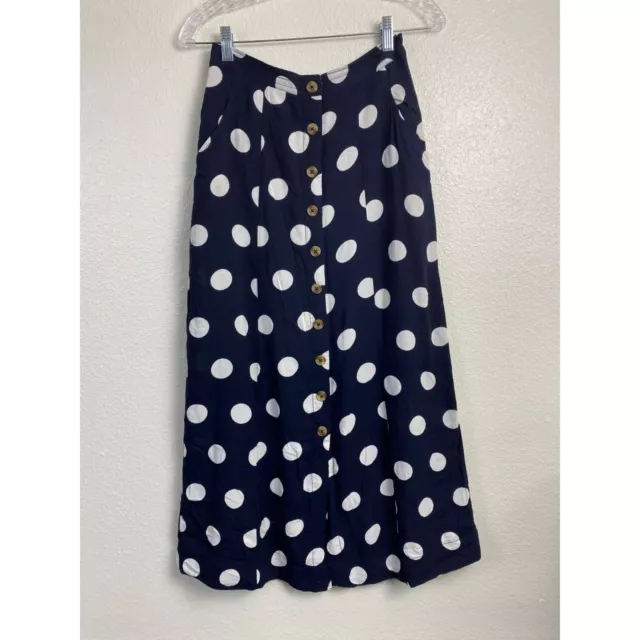 Anthropologie Maeve Claudette Maxi Skirt Size 2 Navy Blue Polka Dot Button Boho