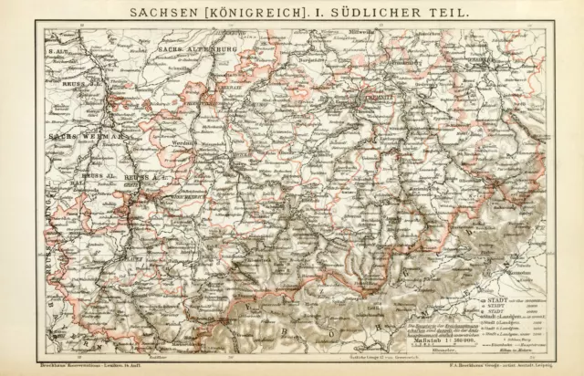 Köngreich Sachsen Süd historische Landkarte Deutsches Reich Lithografie ca. 1892