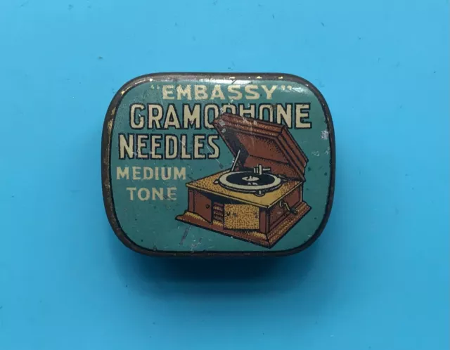 c1940s “EMBASSY” GRAMOPHONE NEEDLE TIN, ILLUSTRATION of GRAMOPHONE, NEEDLES