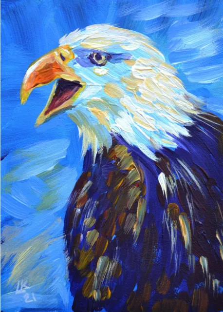 Original Acrylic Painting Bald American Eagle Bird Signed Hand Painted 7x5 in