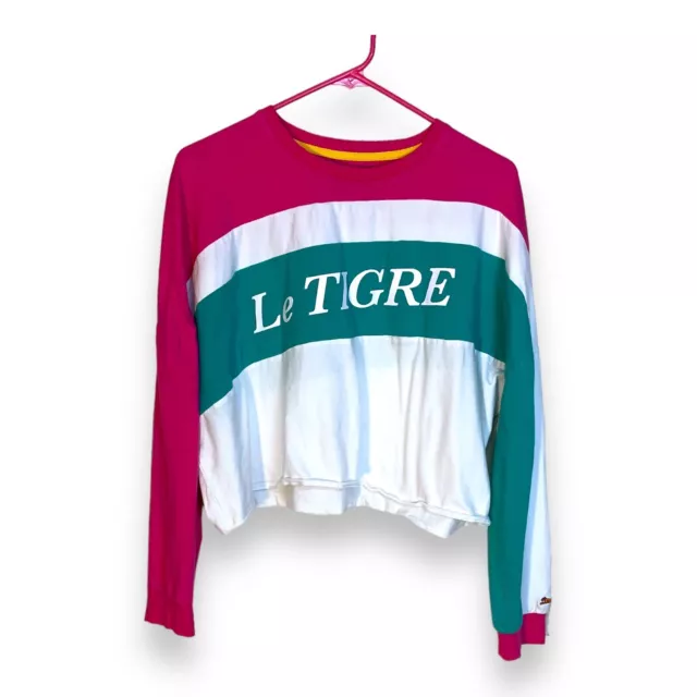 Le Tigre Women’s Long Sleeve T-Shirt Harper Cropped Pink Teal White Large