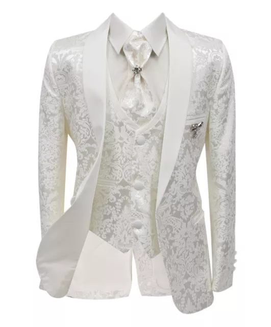 Boys Kids Communion Ivory Tuxedo Suit Patterned Slim Fit Page Boy Wedding Suit