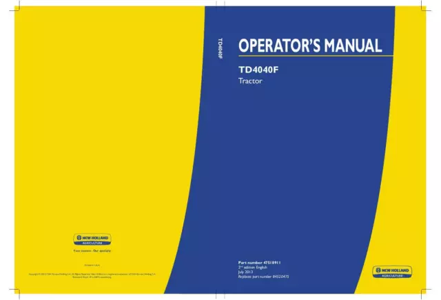 New Holland TD4040F Tractor Operators Manual PDF/USB