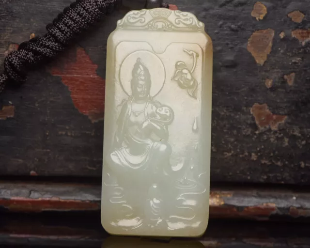 Certified Natural Hetian Jade Handcarved Exquisite Guanyin Statue Pendant 14891