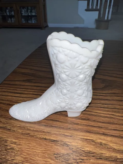 Vintage Fenton White Milk Glass Daisy & Button Healed Boot Shoe