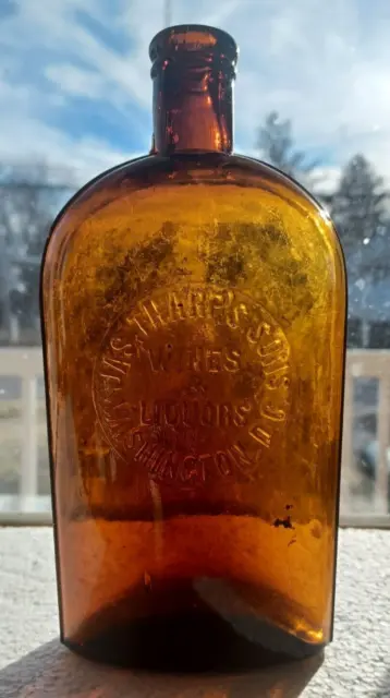 Amber Pint Jas Tharp's Sons Washington DC Strap Sided Whiskey Flask