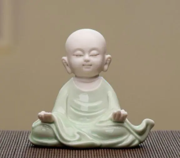 3" Chinese Green Porcelain Pottery Little Monk Buddha Buddhism Figurine Statue