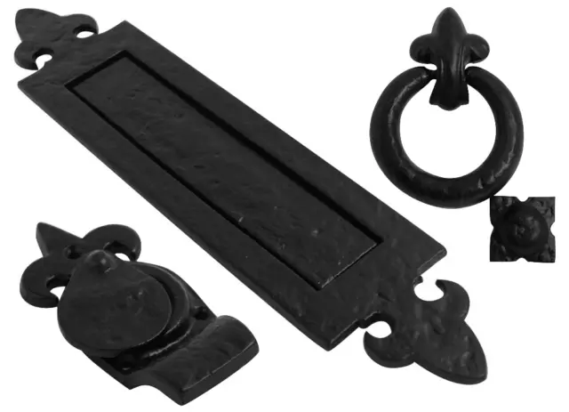 Black Antique Front Door Set Letter Box Cylinder Pull Door Knocker Cottage Cast 3