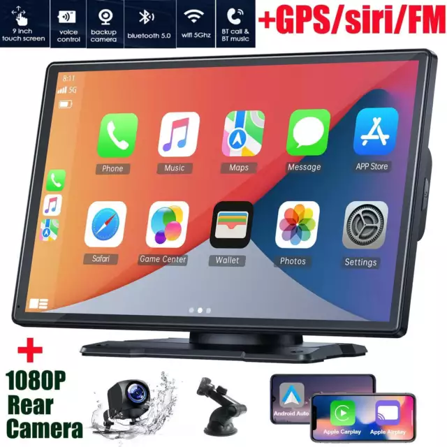 9 Inch Wireless Apple Carplay Android Auto Portable Car Stereo Radio+Rear Cam