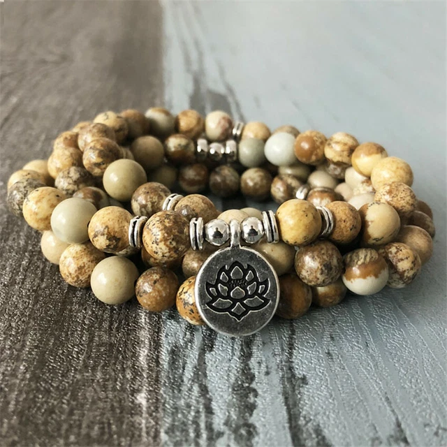 8MM 108 Picture stone Buddha beads Silver Pendant Bracelet Buddhism Reiki yoga