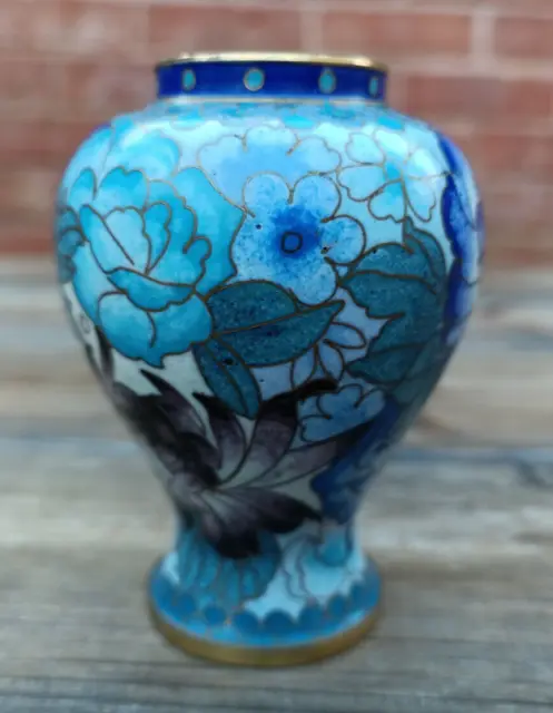 Small Blue Cloisonne Enamel Vase Chinese Cloisonné Colourful Floral Motif