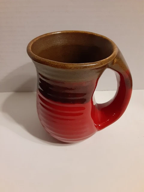 Glazed Pottery Coffee Mug w/Thick Hand Warmer Handle Red and Brown