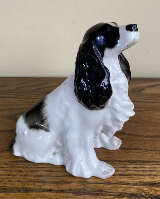 Vintage Lomonosov Russian Imperial Porcelain Black & White Springer Spaniel