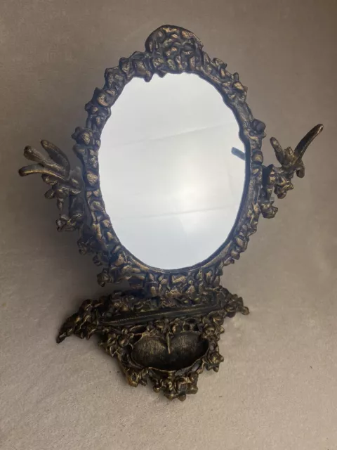 Vintage Polish Ornate Cast Brass Vanity Table Mirror with Trinket Tray