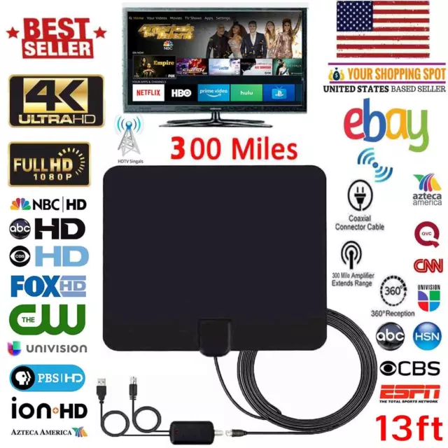 300 Mile Range Antenna TV Digital HD Skywire 4K Antena HDTV 1080p w/ Amplifier