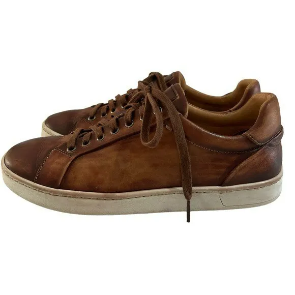 Magnanni Brown Burnished Leather Men's Lace Up Low-Top Sneakers - Size 8.5