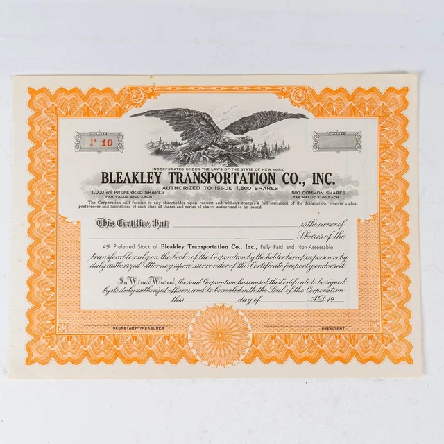 Bleakley Transportation Co. Preferred Stock Certificate Shipping Company Vintage