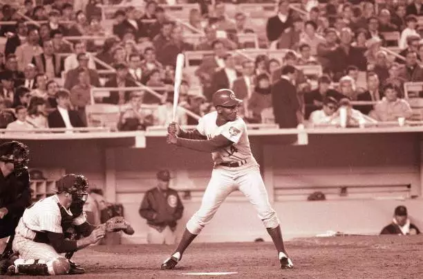 Chicago Cubs Ernie Banks in action, at bat vs New York Mets, Flush - Old Photo